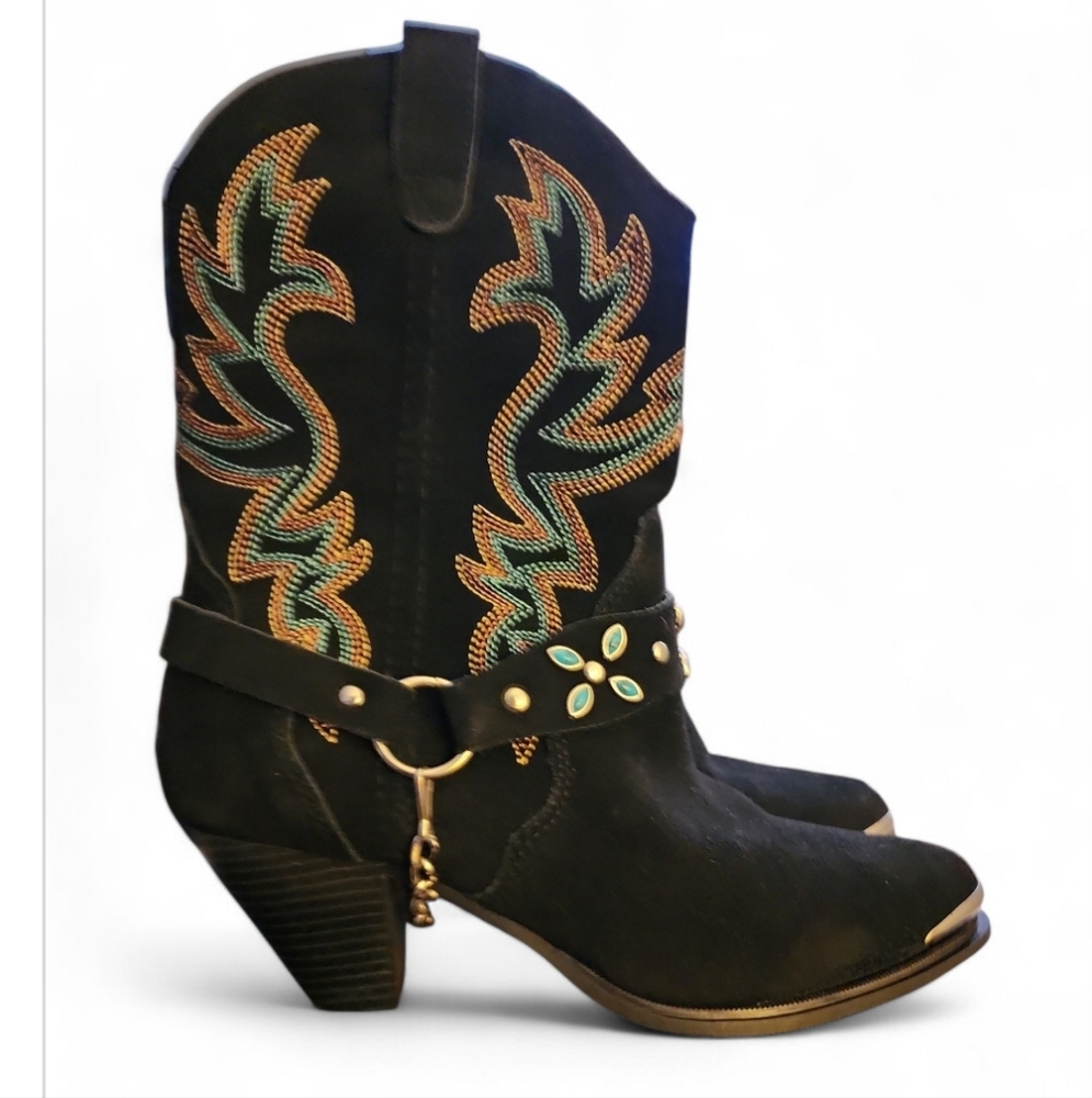 Vintage Dingo Boots Womens 8 Victoria Cowboy Suede Leather Chain Western Black - Picture 13 of 13